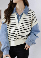 Blusa de punto de dos piezas con cuello Peter Pan y patchwork de mezclilla para otoño